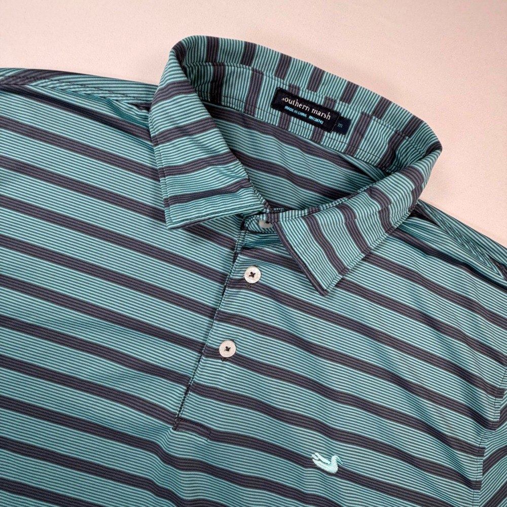 Southern Marsh Men Med Teal Navy Stripe Performance Golf Polo Shirt MMR Logo 415